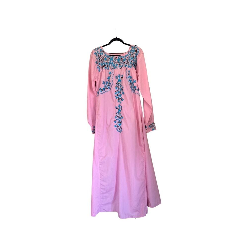 Vintage Baby Pink Hand Embroidered Vintage 1970s Floral Maxi Dress